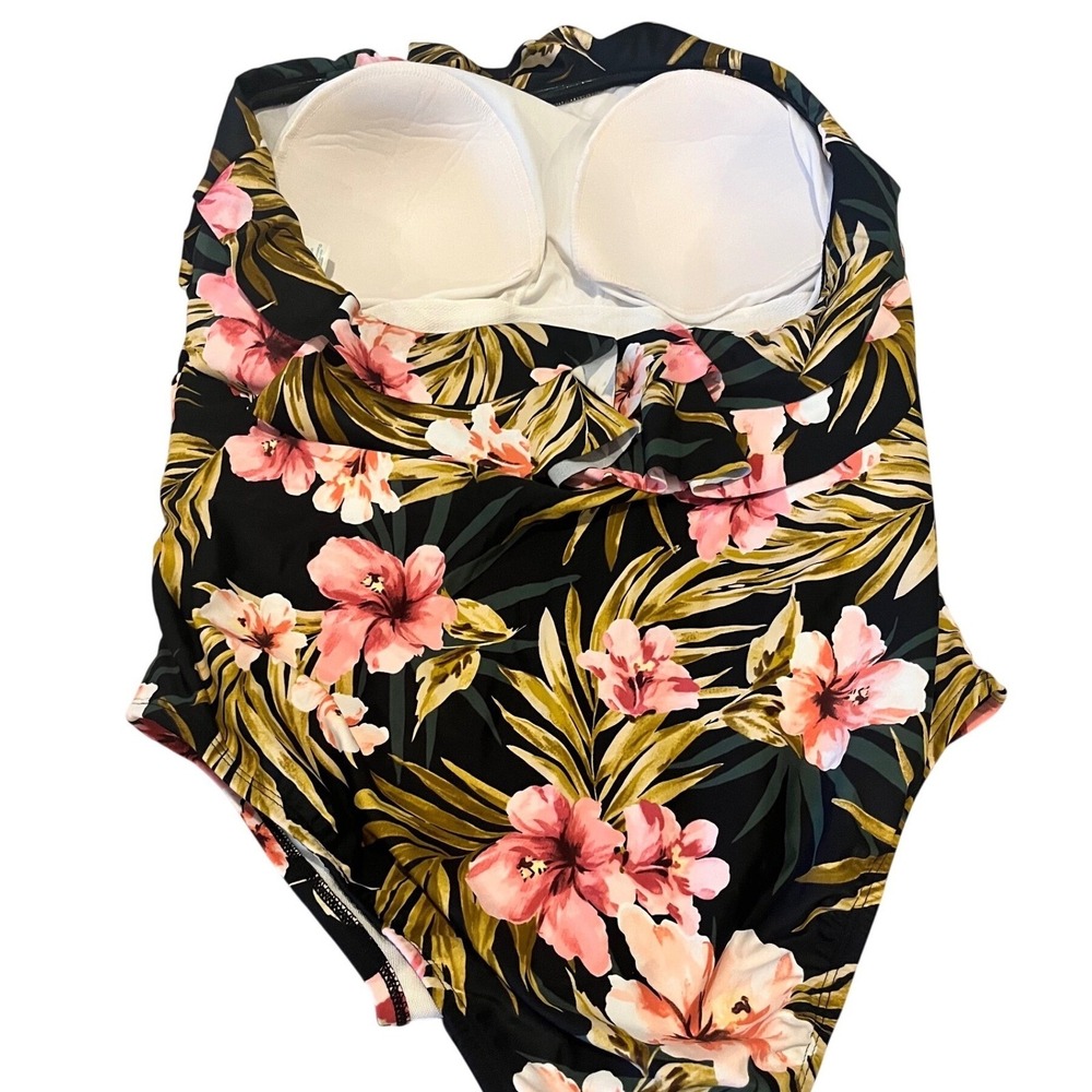 Kona Sol Womens 18W Tropical Floral Ruffle Bandeau One Piece Swimsuit Black Pink - Picture 5 of 7